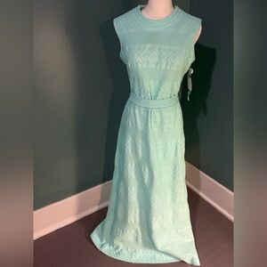 Vintage Aqua Maxi Dress Lady Carol Textured Belted Retro 60s 70s